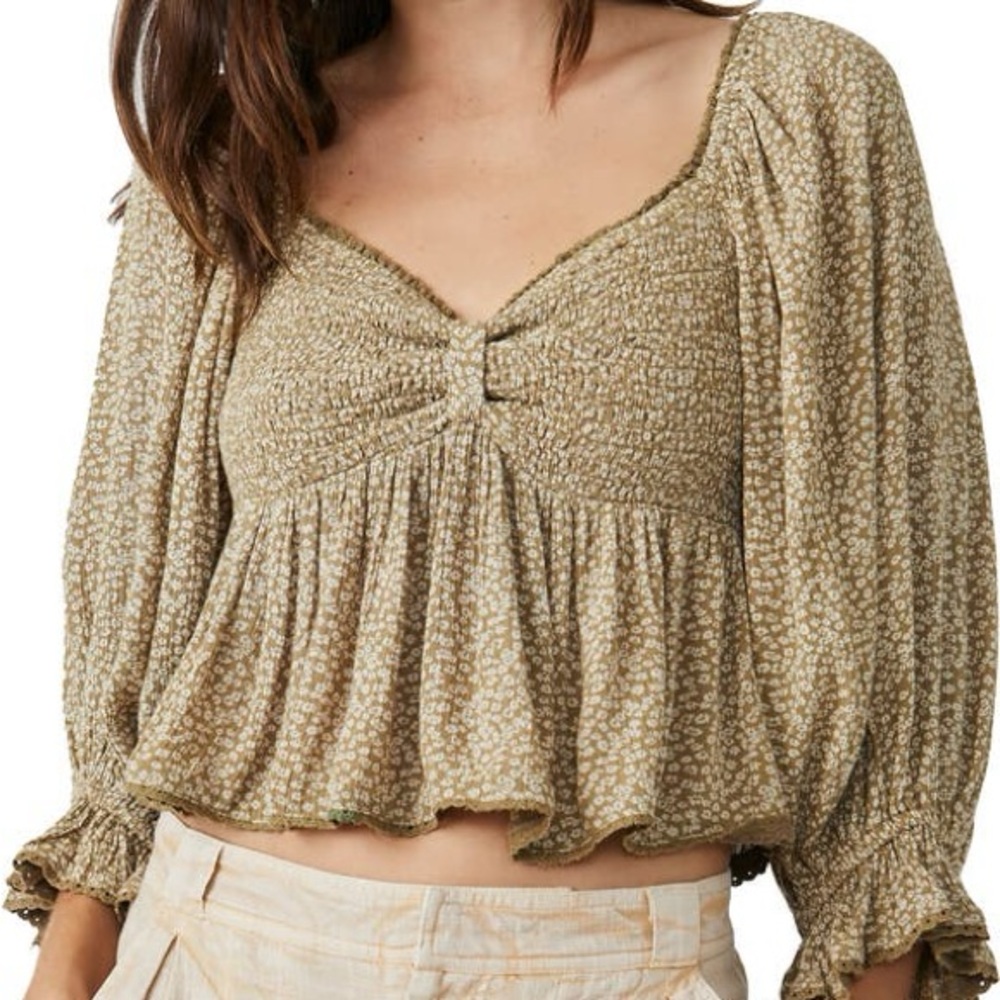 Free People Olive Floral Peasant Top